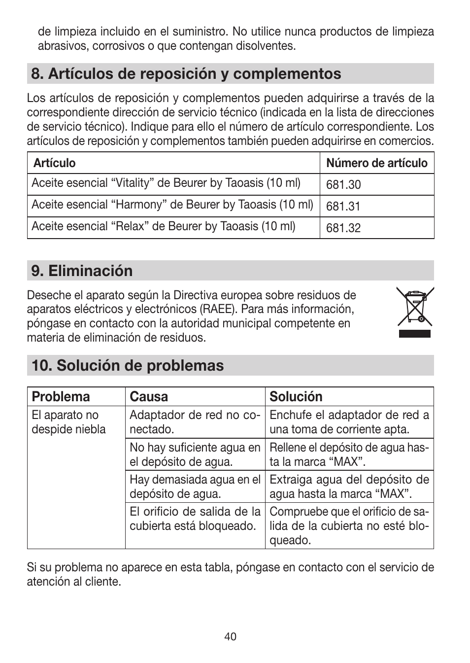 8� artículos de reposición y complementos, 9� eliminación, 10� solución de problemas | Beurer LA 50 User Manual | Page 40 / 84