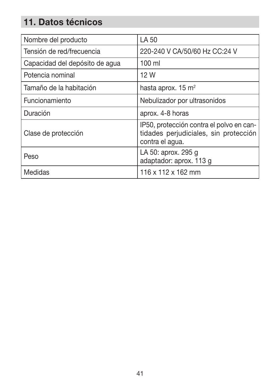 11� datos técnicos | Beurer LA 50 User Manual | Page 41 / 84