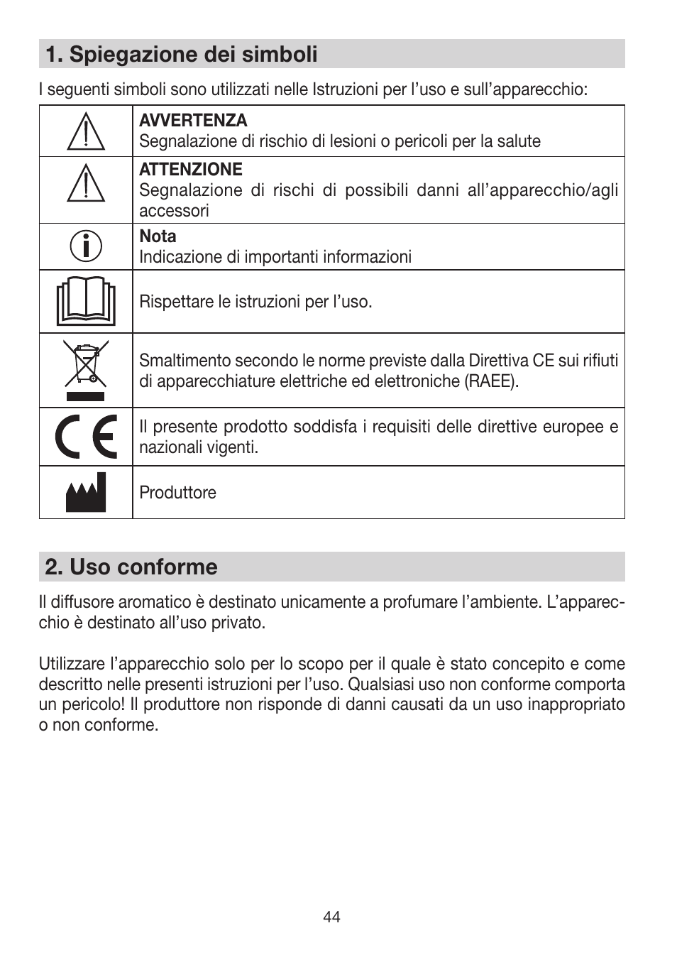 1� spiegazione dei simboli, 2� uso conforme | Beurer LA 50 User Manual | Page 44 / 84