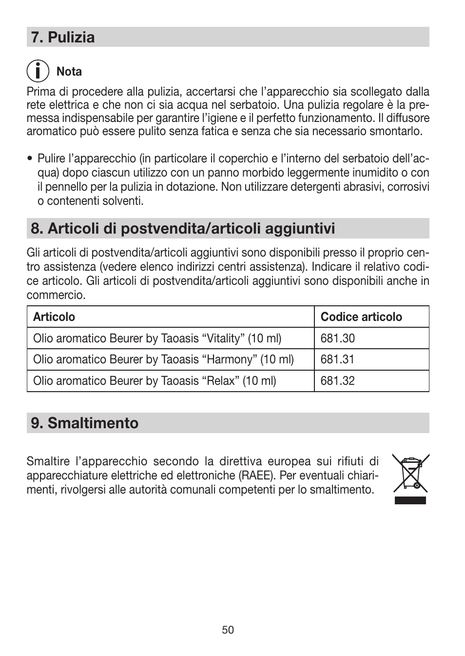 7� pulizia, 8� articoli di postvendita/articoli aggiuntivi, 9� smaltimento | Beurer LA 50 User Manual | Page 50 / 84