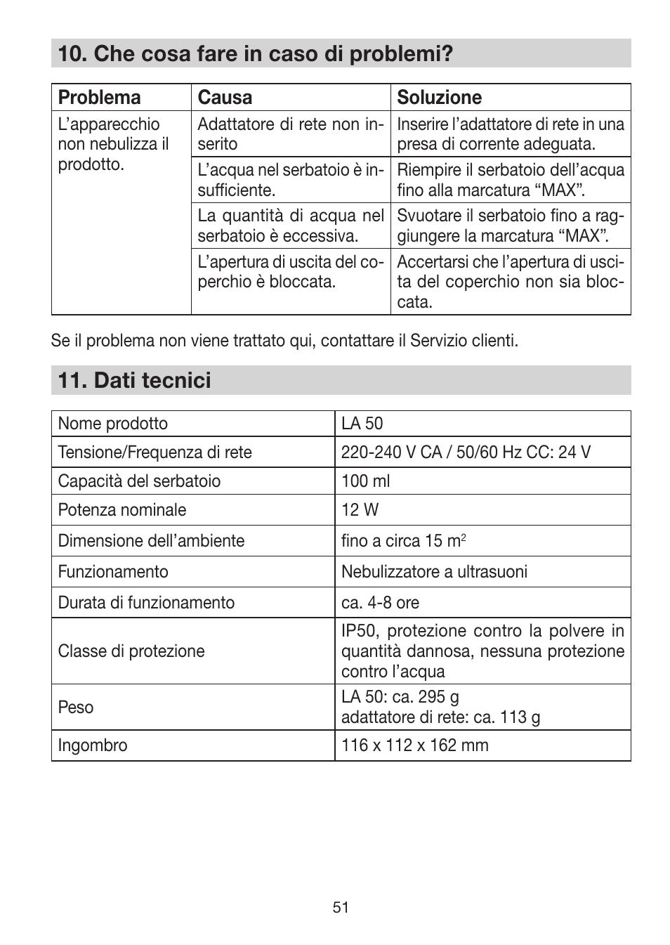 10� che cosa fare in caso di problemi, 11� dati tecnici | Beurer LA 50 User Manual | Page 51 / 84