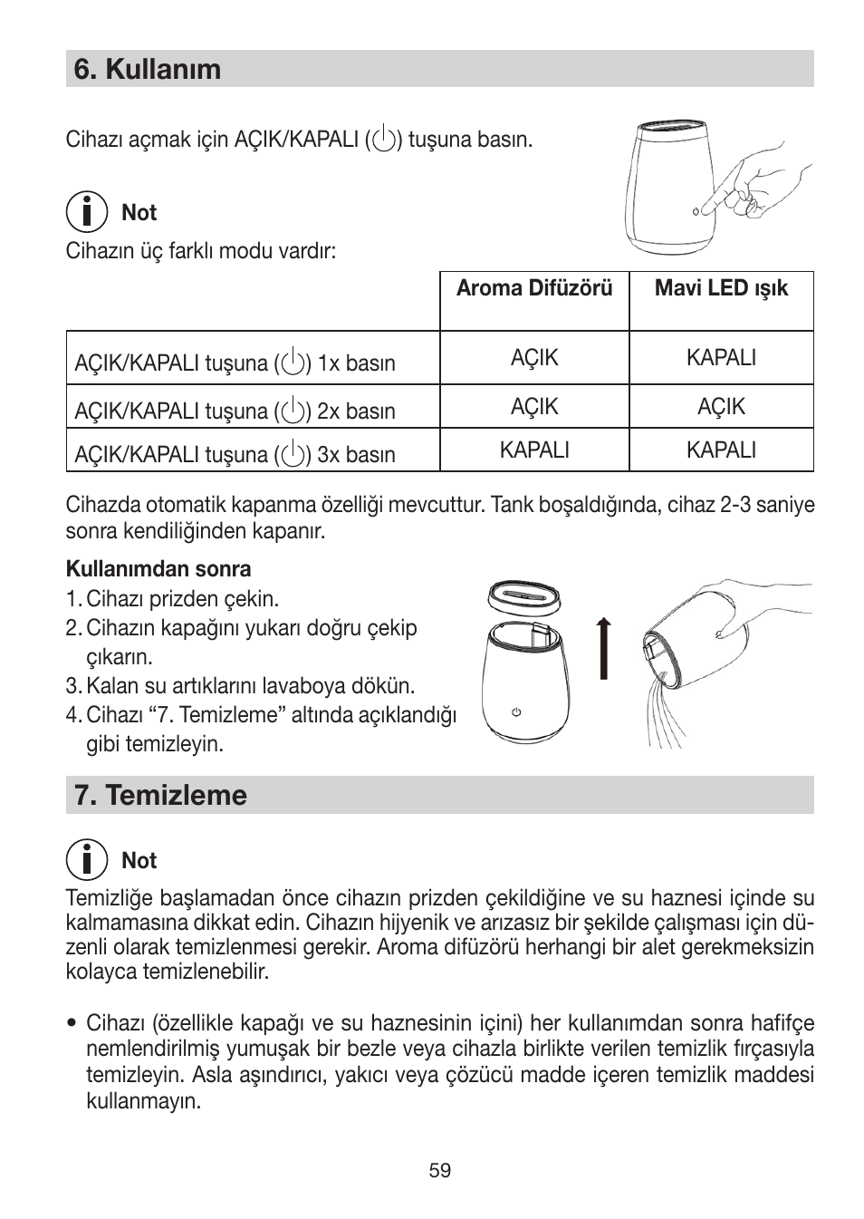 6� kullanım, 7� temizleme | Beurer LA 50 User Manual | Page 59 / 84