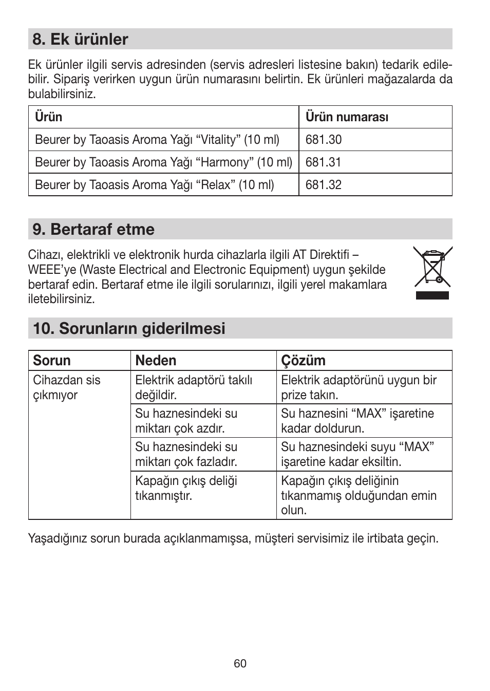 8� ek ürünler, 9� bertaraf etme, 10� sorunların giderilmesi | Beurer LA 50 User Manual | Page 60 / 84