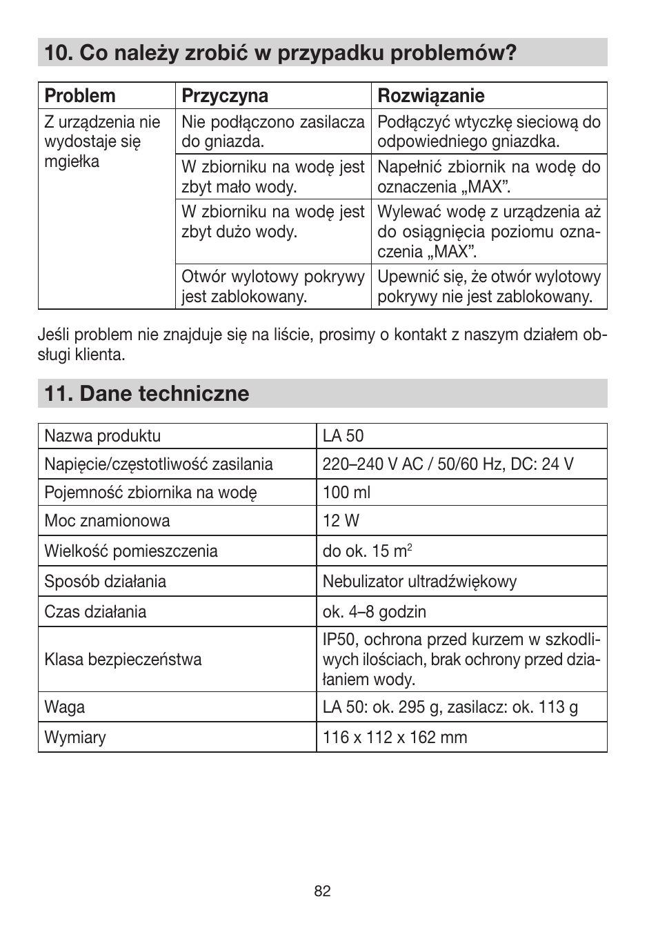 10� co należy zrobić w przypadku problemów, 11� dane techniczne | Beurer LA 50 User Manual | Page 82 / 84