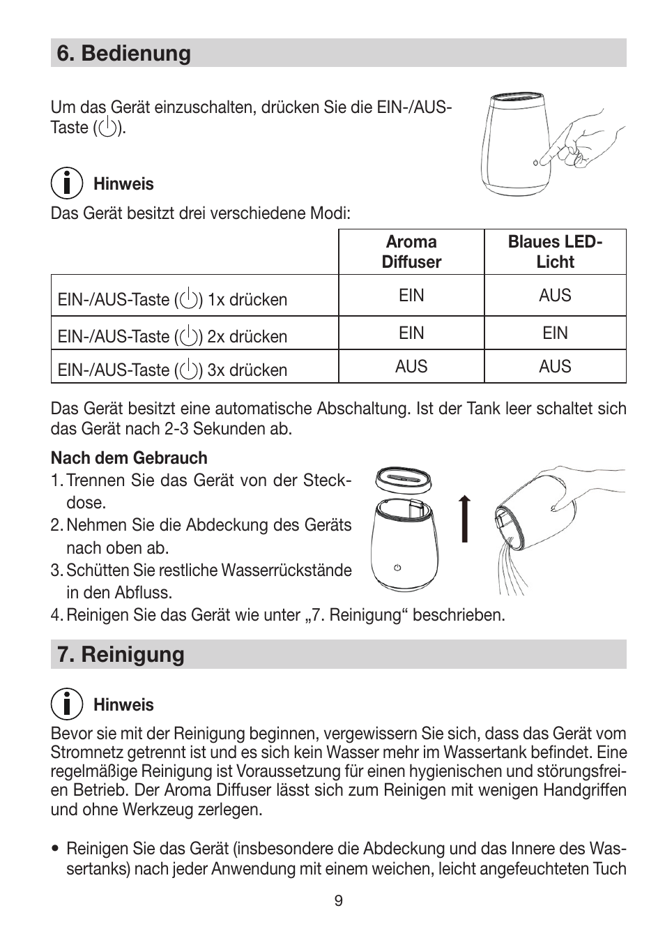 6� bedienung, 7� reinigung | Beurer LA 50 User Manual | Page 9 / 84