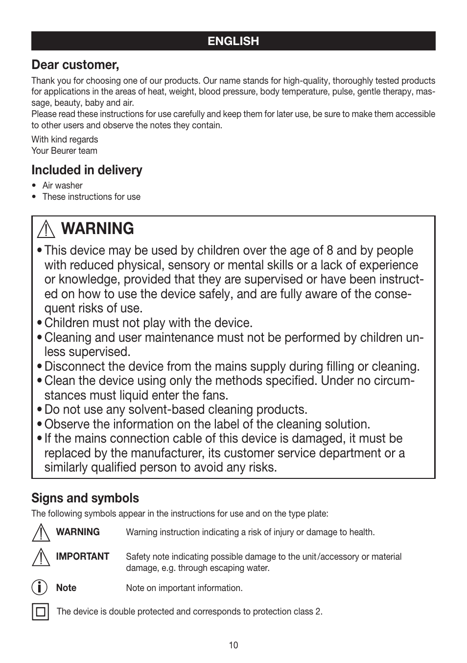 Warning, Dear customer, Included in delivery | Beurer LW 110 User Manual | Page 10 / 60