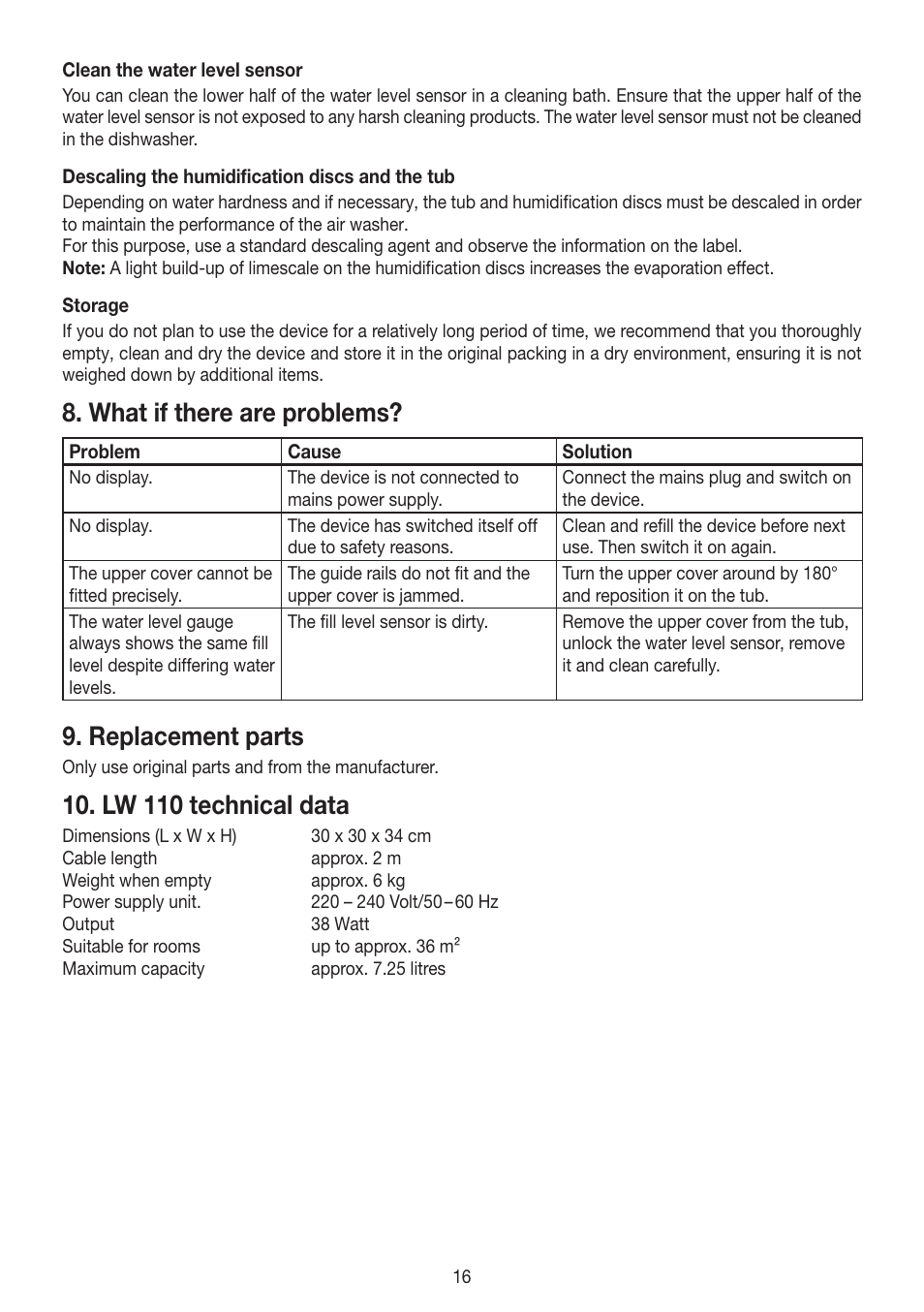 What if there are problems, Replacement parts, Lw 110 technical data | Beurer LW 110 User Manual | Page 16 / 60