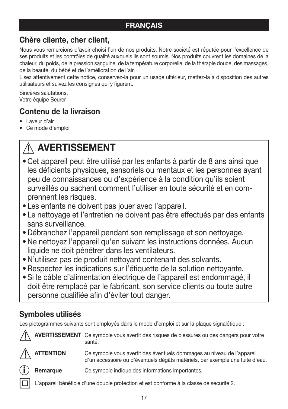 Avertissement, Chère cliente, cher client, Contenu de la livraison | Beurer LW 110 User Manual | Page 17 / 60