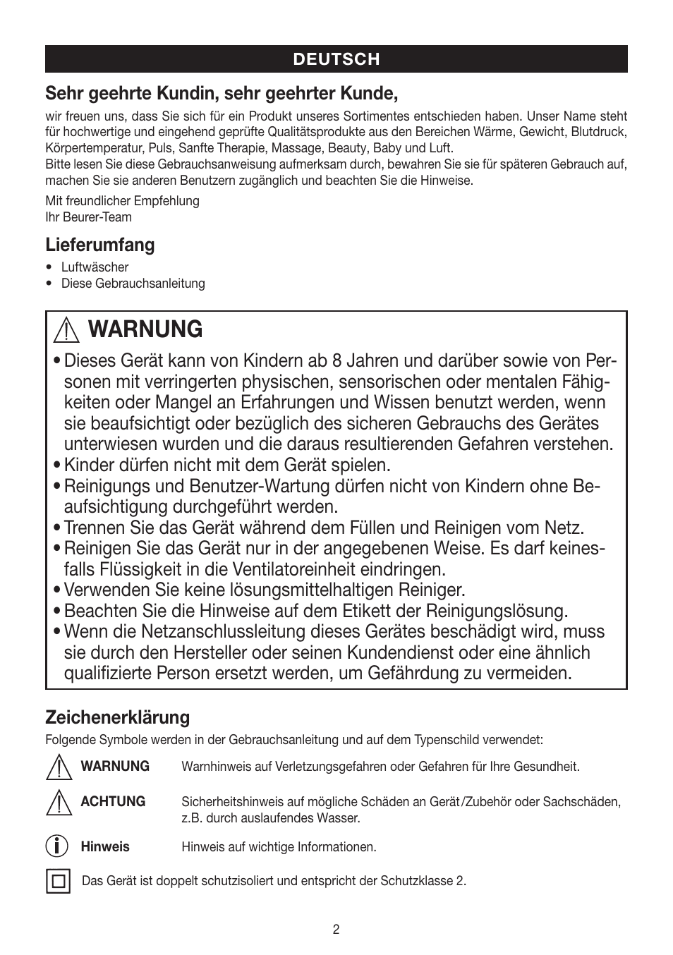 Warnung, Sehr geehrte kundin, sehr geehrter kunde, Lieferumfang | Beurer LW 110 User Manual | Page 2 / 60