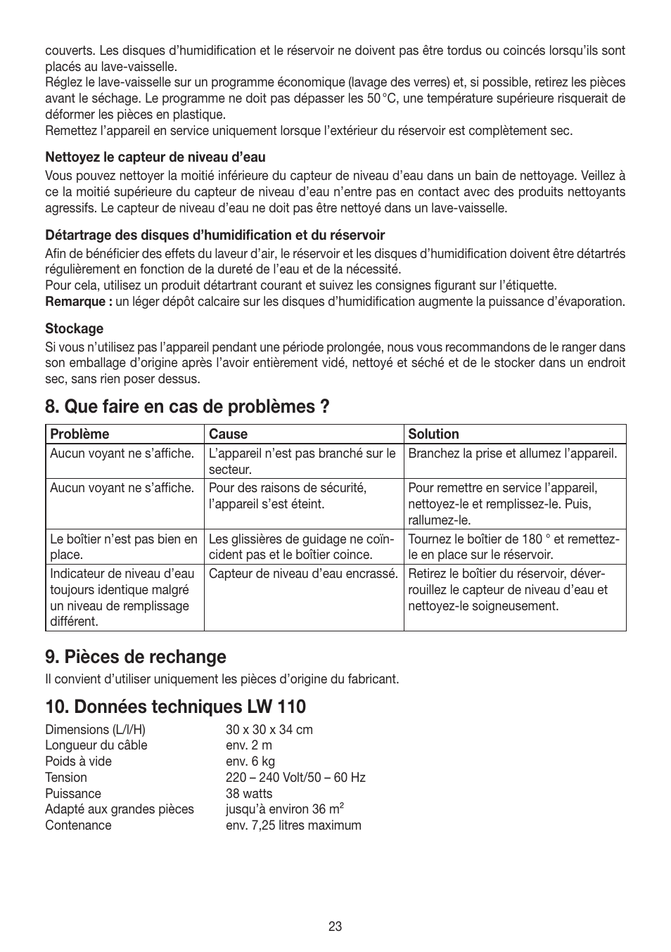 Que faire en cas de problèmes, Pièces de rechange, Données techniques lw 110 | Beurer LW 110 User Manual | Page 23 / 60