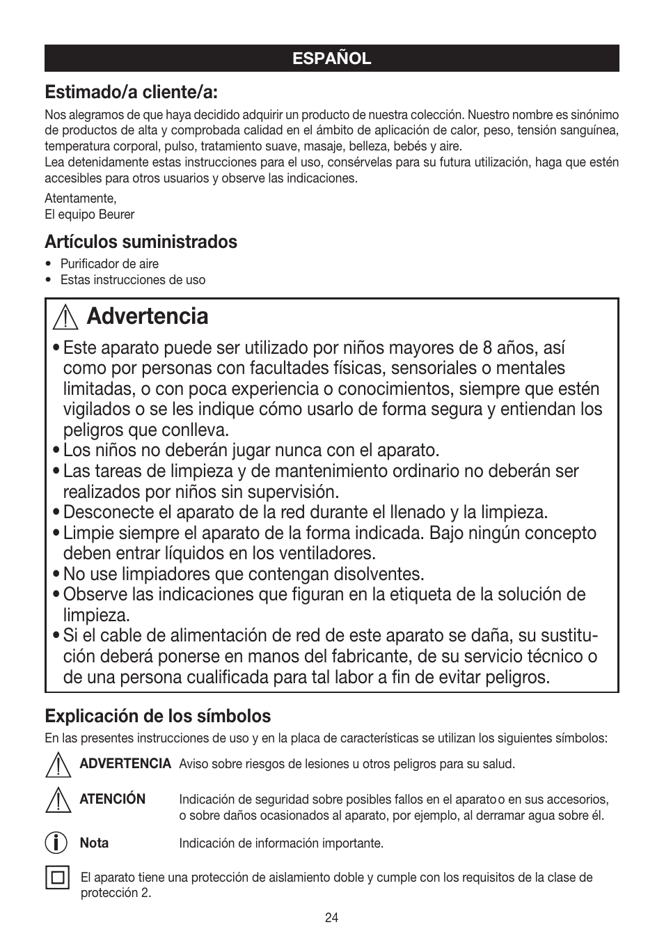 Advertencia, Estimado/a cliente/a, Artículos suministrados | Beurer LW 110 User Manual | Page 24 / 60