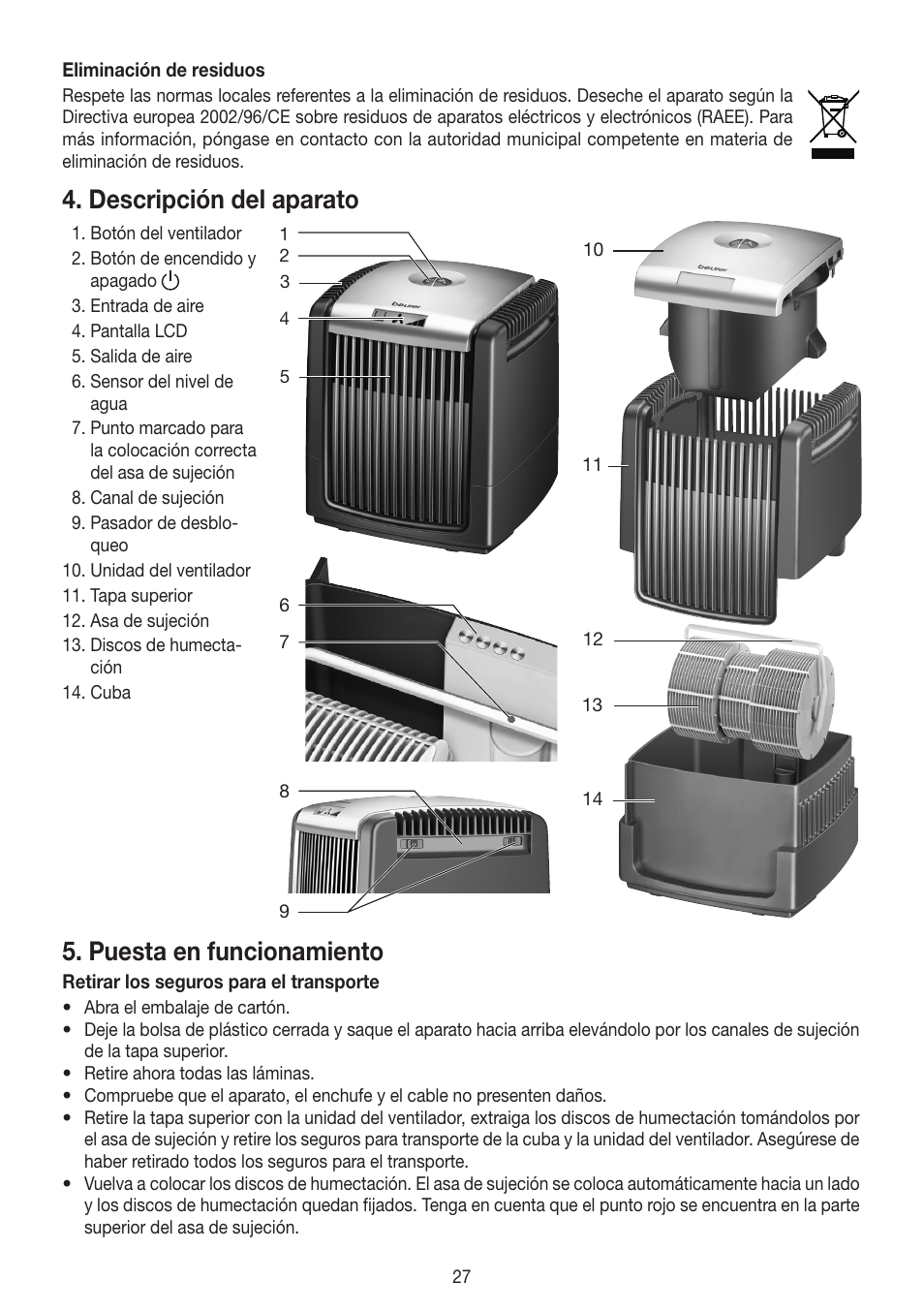 Descripción del aparato, Puesta en funcionamiento | Beurer LW 110 User Manual | Page 27 / 60