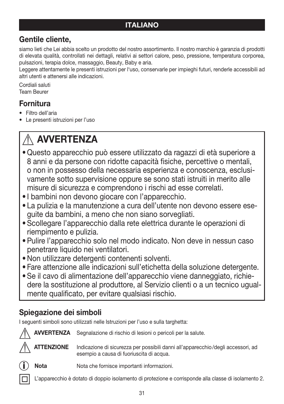Avvertenza, Gentile cliente, Fornitura | Beurer LW 110 User Manual | Page 31 / 60