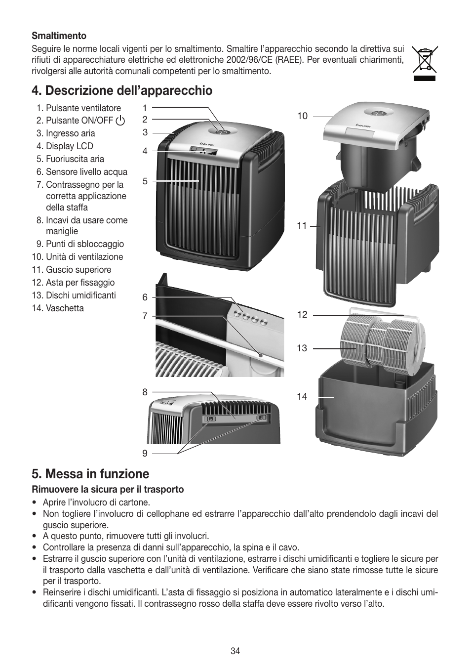 Descrizione dell’apparecchio, Messa in funzione | Beurer LW 110 User Manual | Page 34 / 60