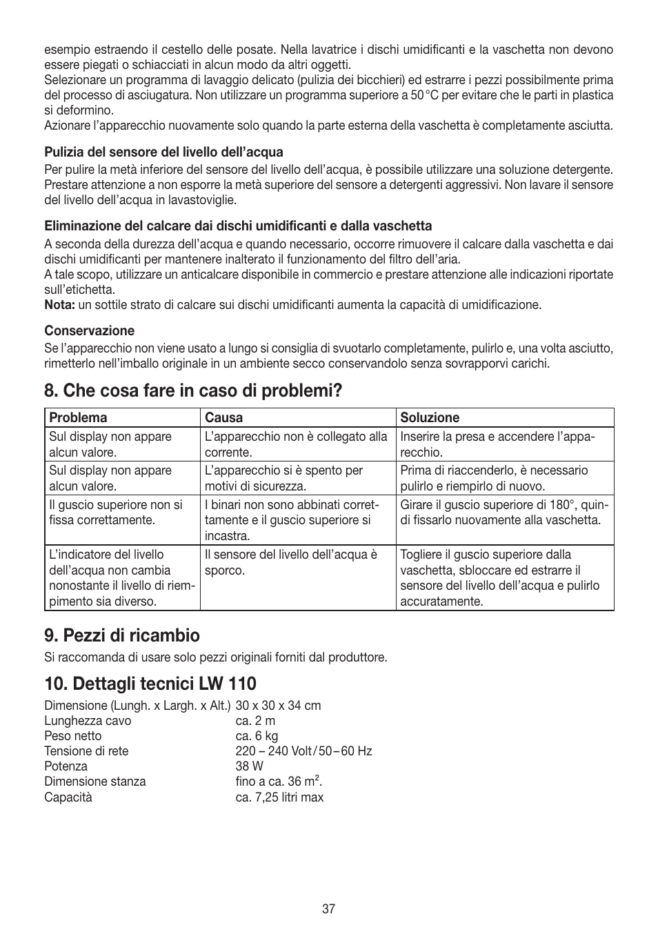 Che cosa fare in caso di problemi, Pezzi di ricambio, Dettagli tecnici lw 110 | Beurer LW 110 User Manual | Page 37 / 60