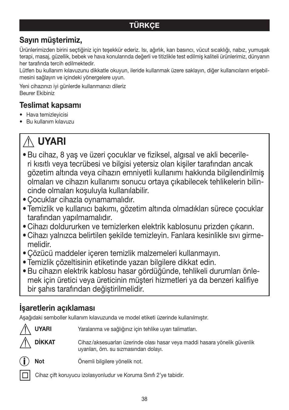 Uyari, Sayın müşterimiz, Teslimat kapsamı | Beurer LW 110 User Manual | Page 38 / 60