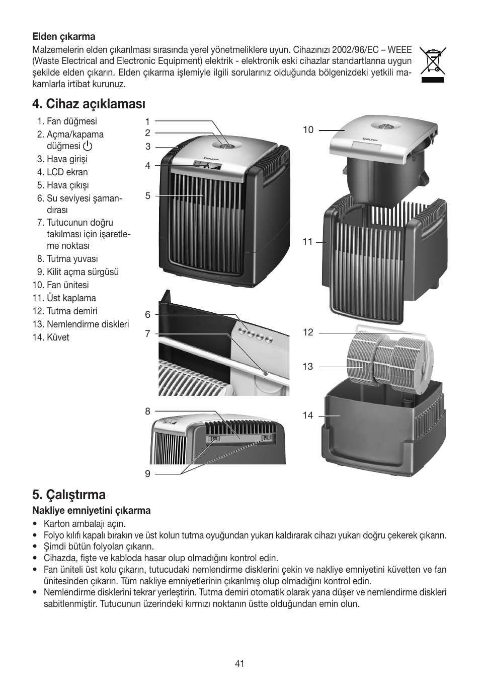 Cihaz açıklaması, Çalıştırma | Beurer LW 110 User Manual | Page 41 / 60