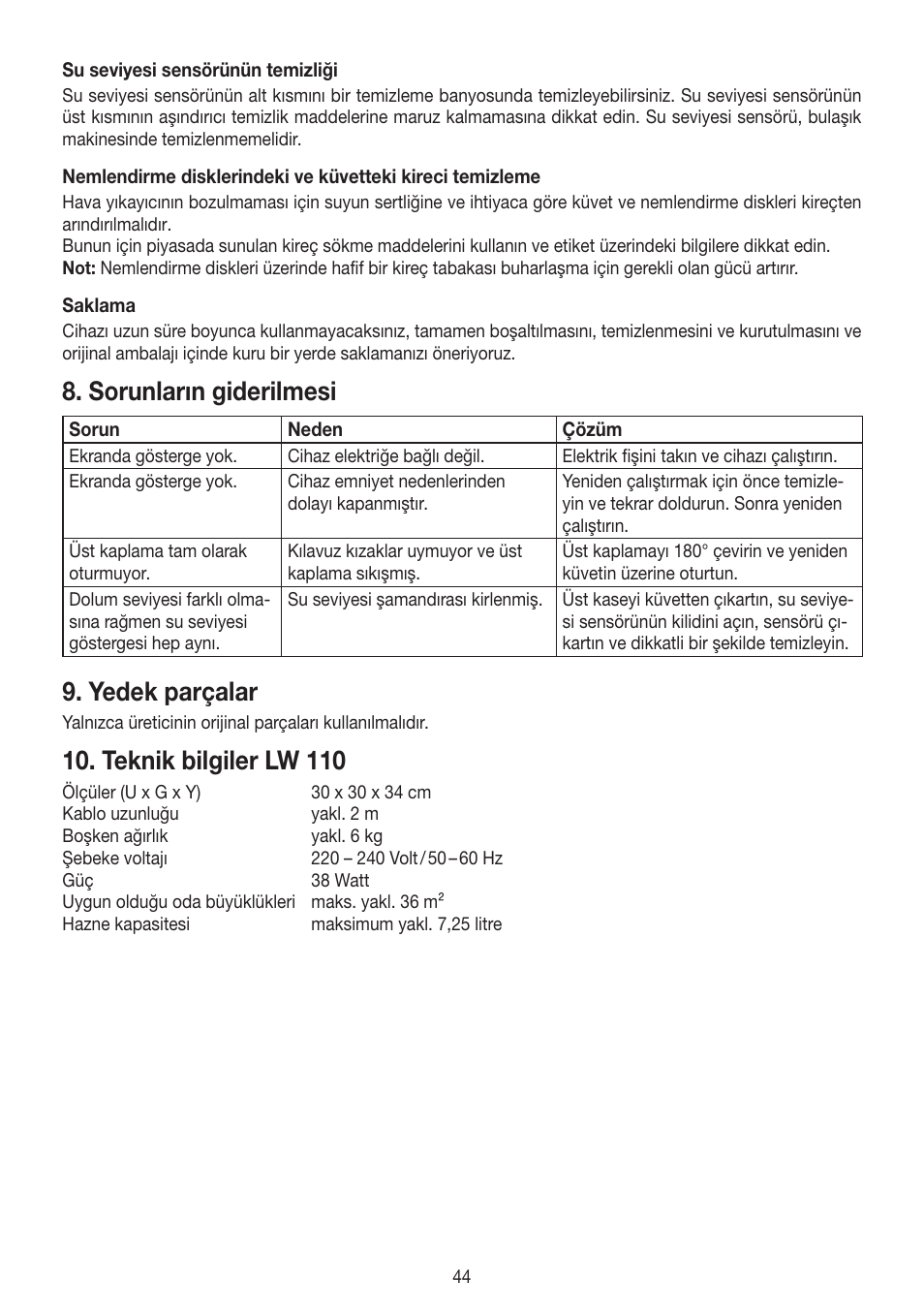 Sorunların giderilmesi, Yedek parçalar, Teknik bilgiler lw 110 | Beurer LW 110 User Manual | Page 44 / 60