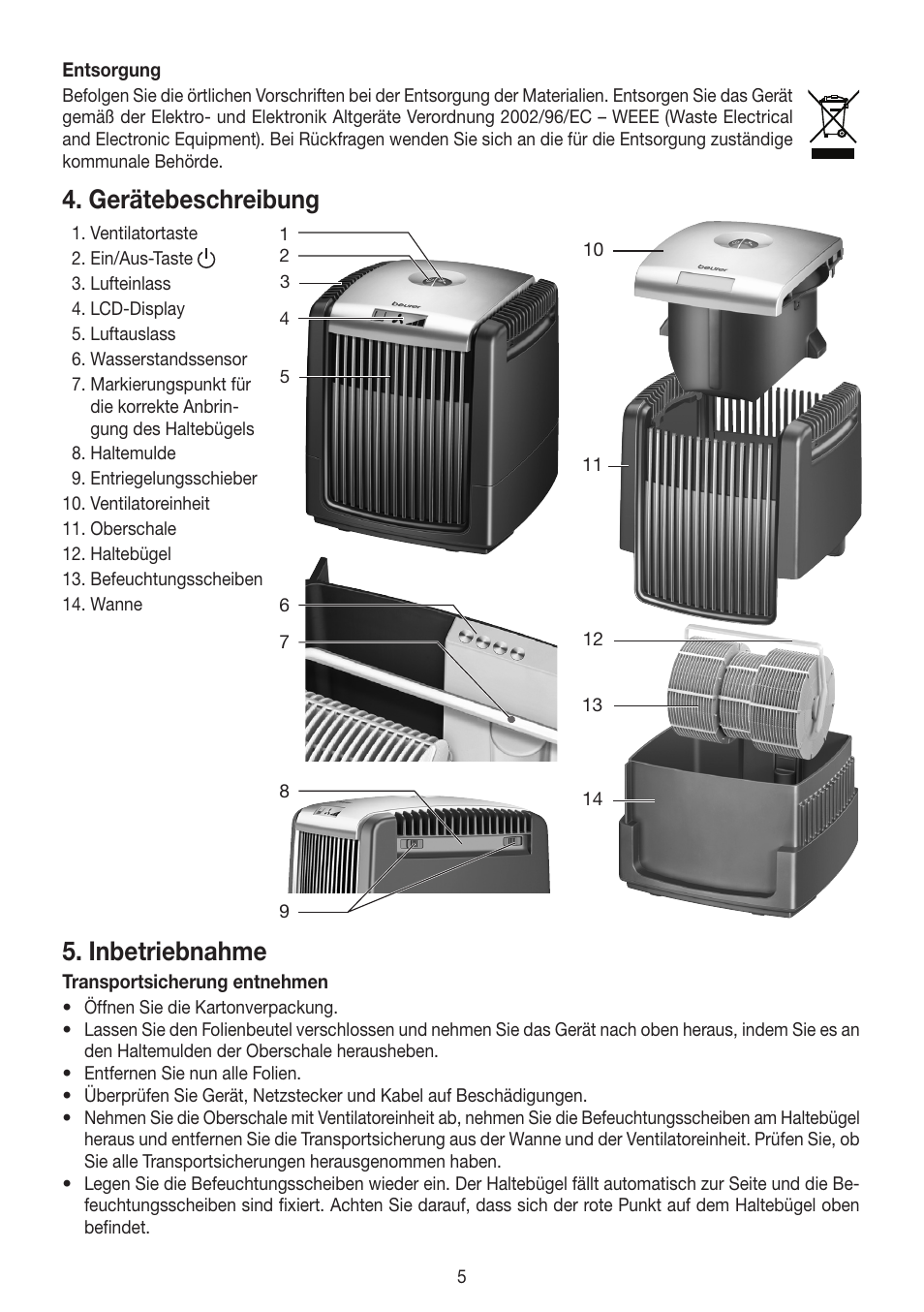 Gerätebeschreibung, Inbetriebnahme | Beurer LW 110 User Manual | Page 5 / 60