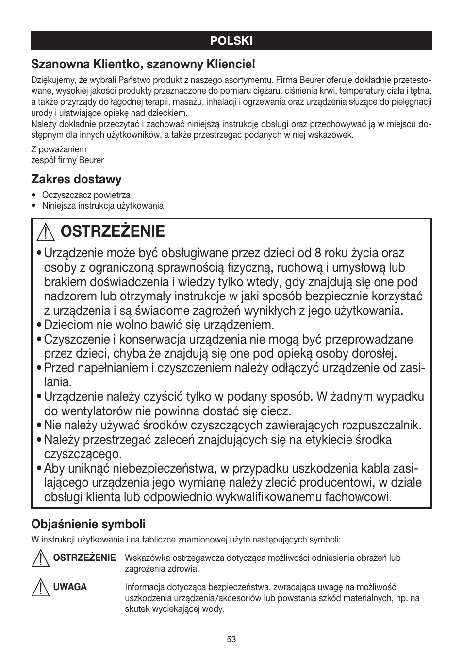 Ostrzeżenie | Beurer LW 110 User Manual | Page 53 / 60