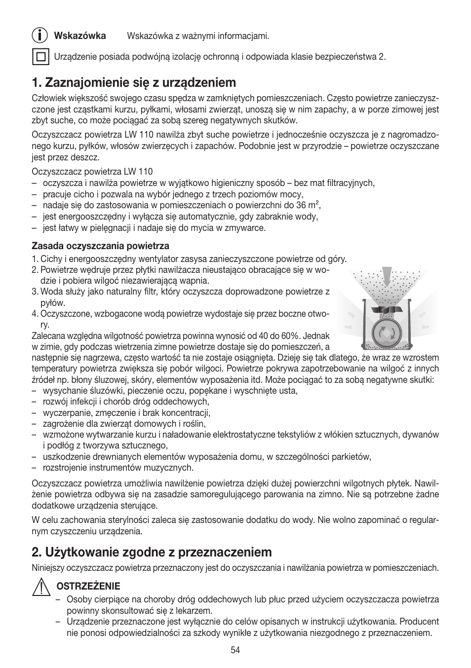 Zaznajomienie się z urządzeniem, Użytkowanie zgodne z przeznaczeniem | Beurer LW 110 User Manual | Page 54 / 60