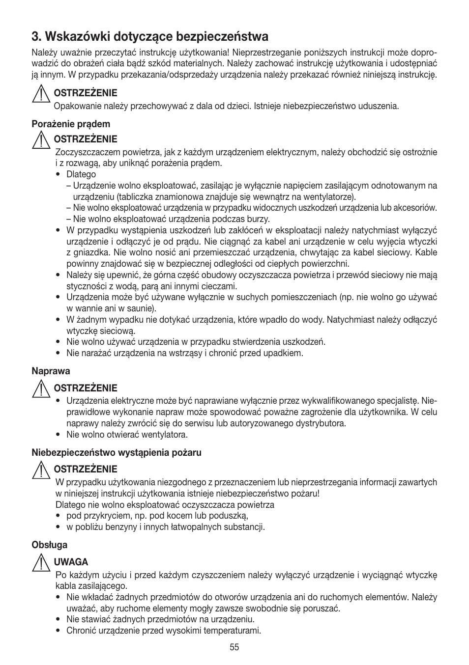 Wskazówki dotyczące bezpieczeństwa | Beurer LW 110 User Manual | Page 55 / 60