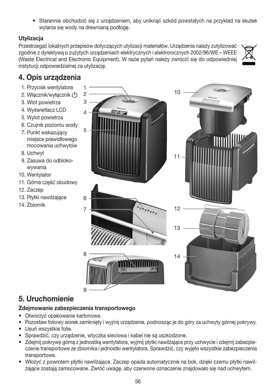 Opis urządzenia, Uruchomienie | Beurer LW 110 User Manual | Page 56 / 60