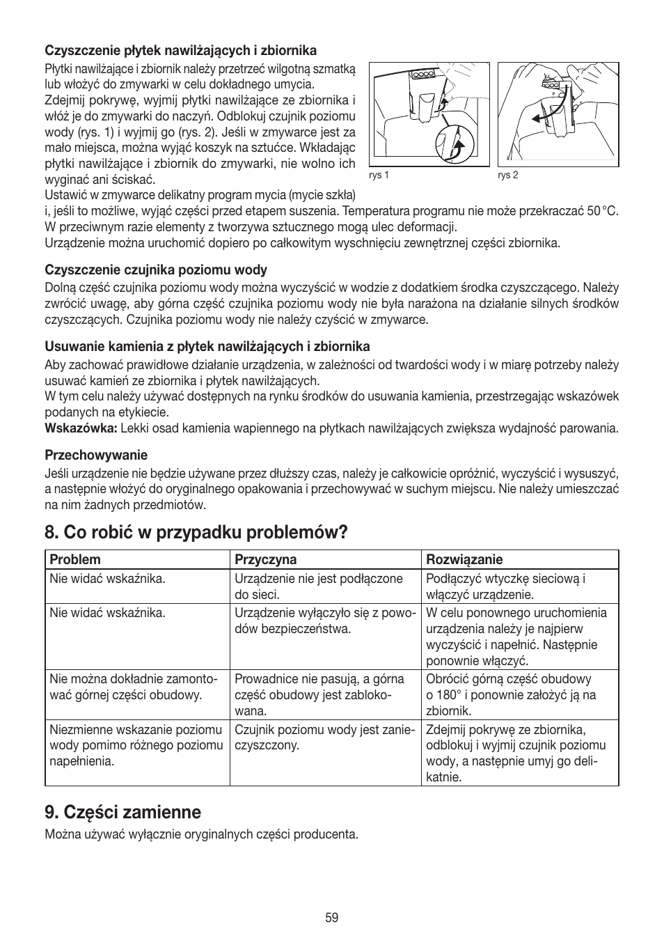 Co robić w przypadku problemów, Części zamienne | Beurer LW 110 User Manual | Page 59 / 60