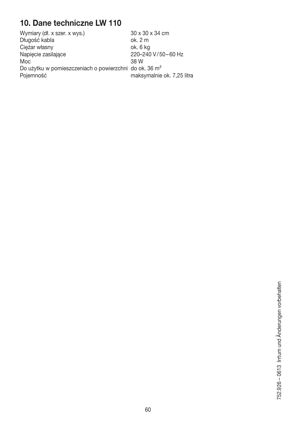 Dane techniczne lw 110 | Beurer LW 110 User Manual | Page 60 / 60