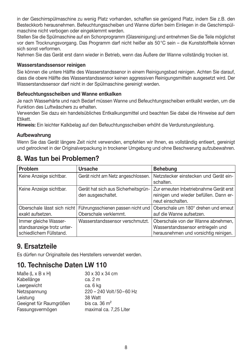 Was tun bei problemen, Ersatzteile, Technische daten lw 110 | Beurer LW 110 User Manual | Page 8 / 60