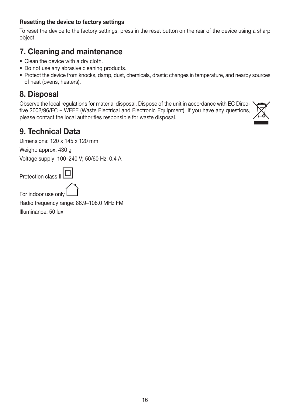 Cleaning and maintenance, Disposal, Technical data | Beurer WL 30 User Manual | Page 16 / 62