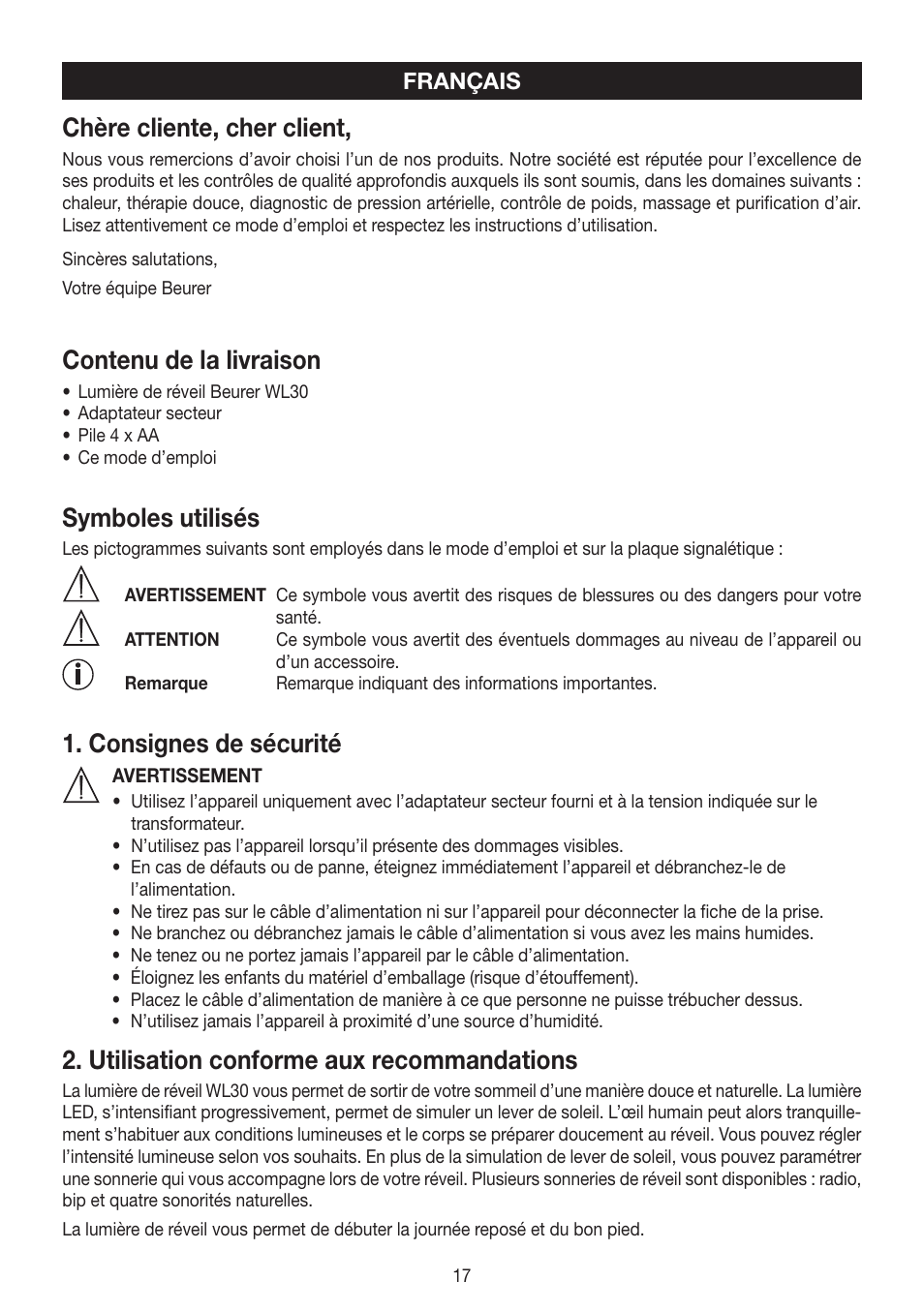 Chère cliente, cher client, Contenu de la livraison, Symboles utilisés | Consignes de sécurité, Utilisation conforme aux recommandations | Beurer WL 30 User Manual | Page 17 / 62