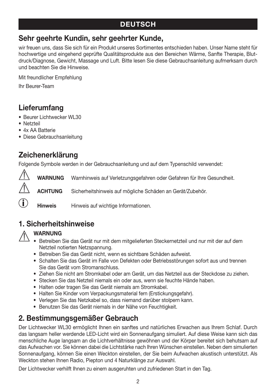 Sehr geehrte kundin, sehr geehrter kunde, Lieferumfang, Zeichenerklärung | Sicherheitshinweise, Bestimmungsgemäßer gebrauch | Beurer WL 30 User Manual | Page 2 / 62