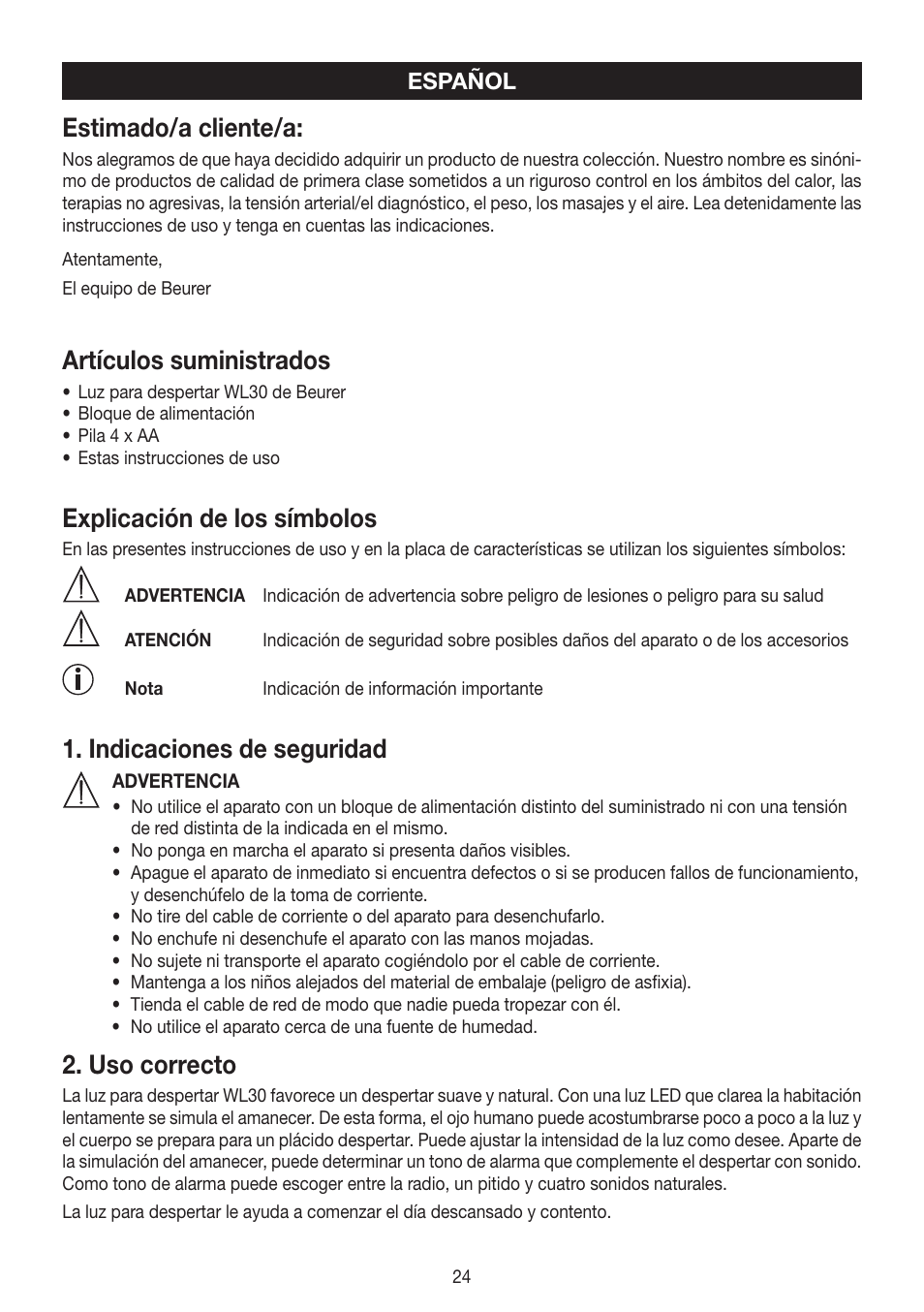Estimado/a cliente/a, Artículos suministrados, Explicación de los símbolos | Indicaciones de seguridad, Uso correcto | Beurer WL 30 User Manual | Page 24 / 62