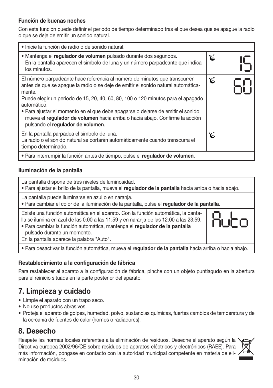 Limpieza y cuidado, Desecho | Beurer WL 30 User Manual | Page 30 / 62