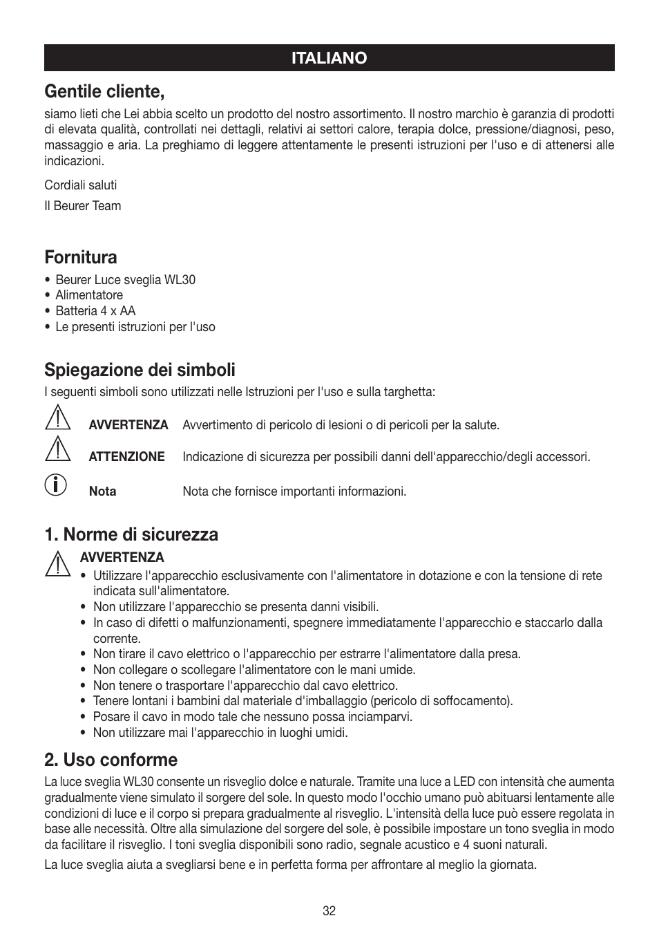 Gentile cliente, Fornitura, Spiegazione dei simboli | Norme di sicurezza, Uso conforme | Beurer WL 30 User Manual | Page 32 / 62