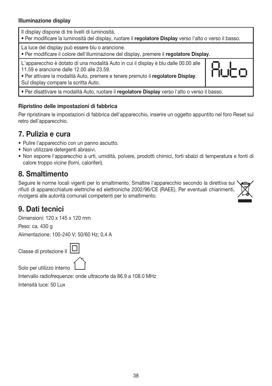 Pulizia e cura, Smaltimento, Dati tecnici | Beurer WL 30 User Manual | Page 38 / 62