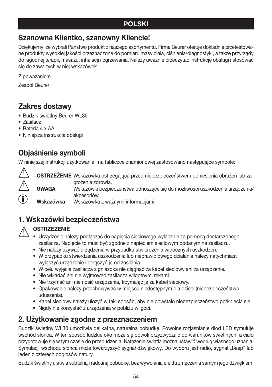 Szanowna klientko, szanowny kliencie, Zakres dostawy, Objaśnienie symboli | Wskazówki bezpieczeństwa, Użytkowanie zgodne z przeznaczeniem | Beurer WL 30 User Manual | Page 54 / 62