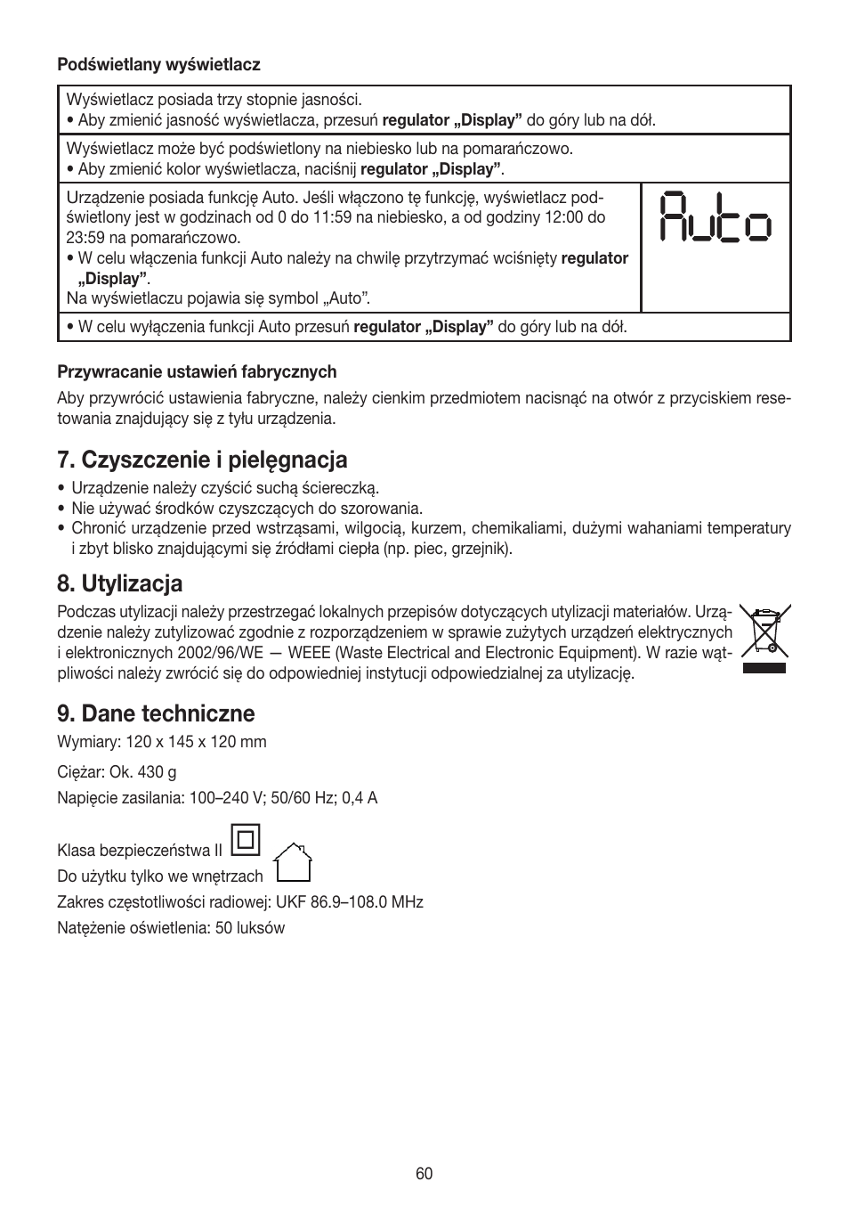 Czyszczenie i pielęgnacja, Utylizacja, Dane techniczne | Beurer WL 30 User Manual | Page 60 / 62