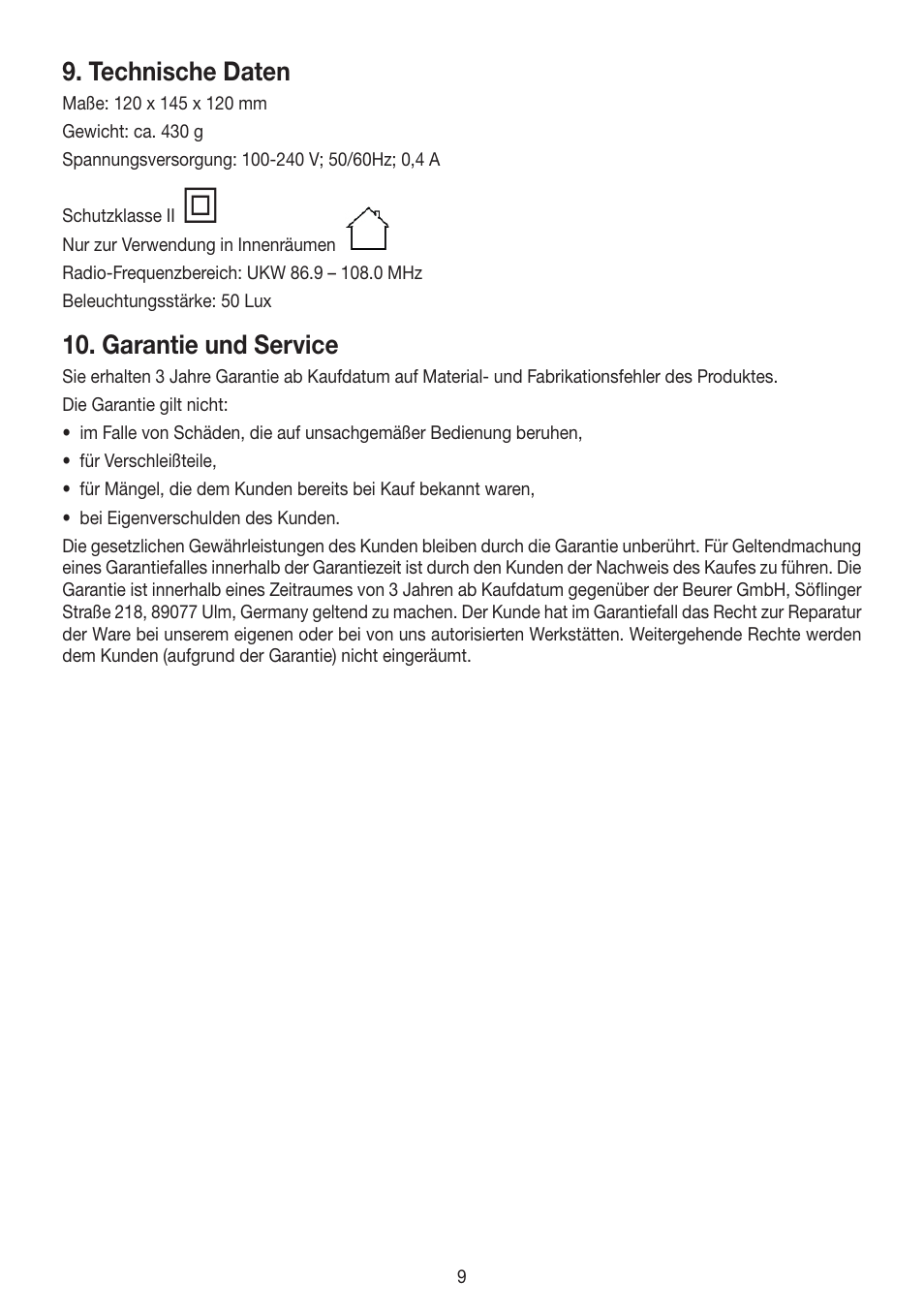 Technische daten, Garantie und service | Beurer WL 30 User Manual | Page 9 / 62