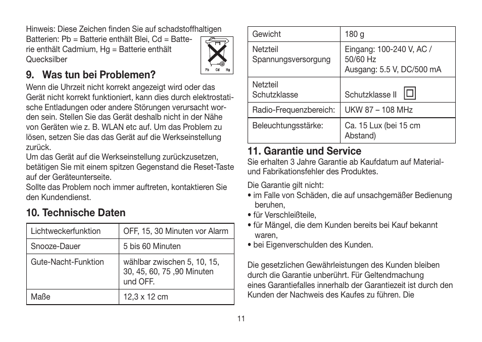 Was tun bei problemen, Technische daten, Garantie und service | Beurer WL 32 User Manual | Page 11 / 84