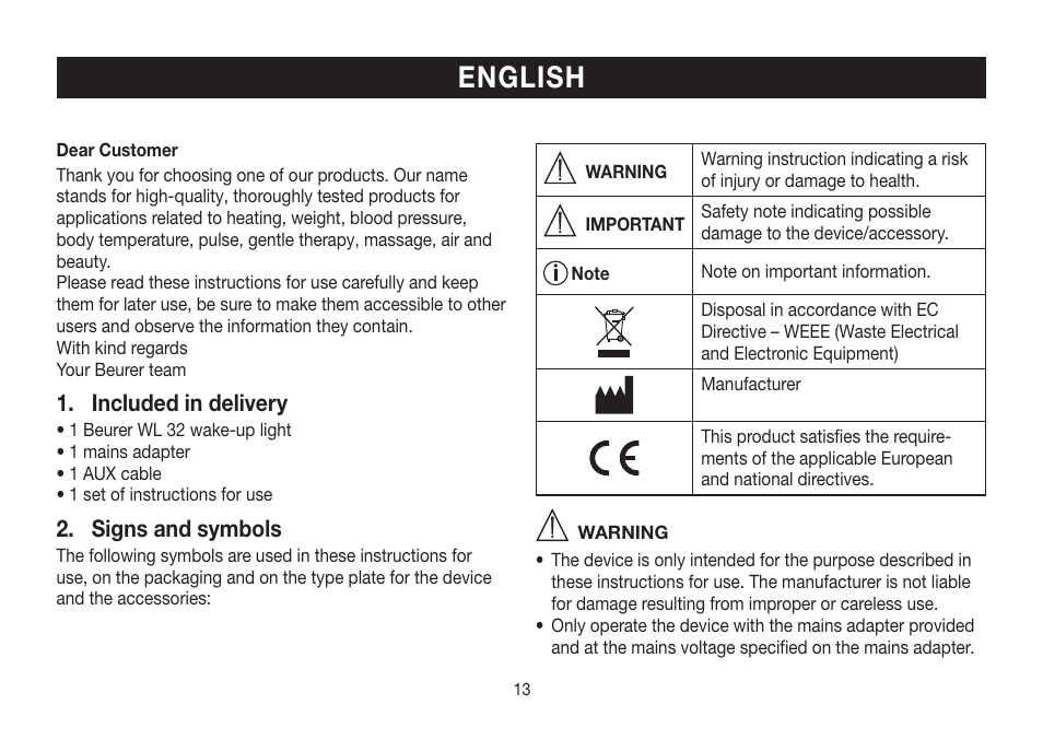 English, Included in delivery, Signs and symbols | Beurer WL 32 User Manual | Page 13 / 84