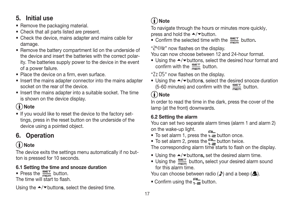 Initial use, Operation | Beurer WL 32 User Manual | Page 17 / 84