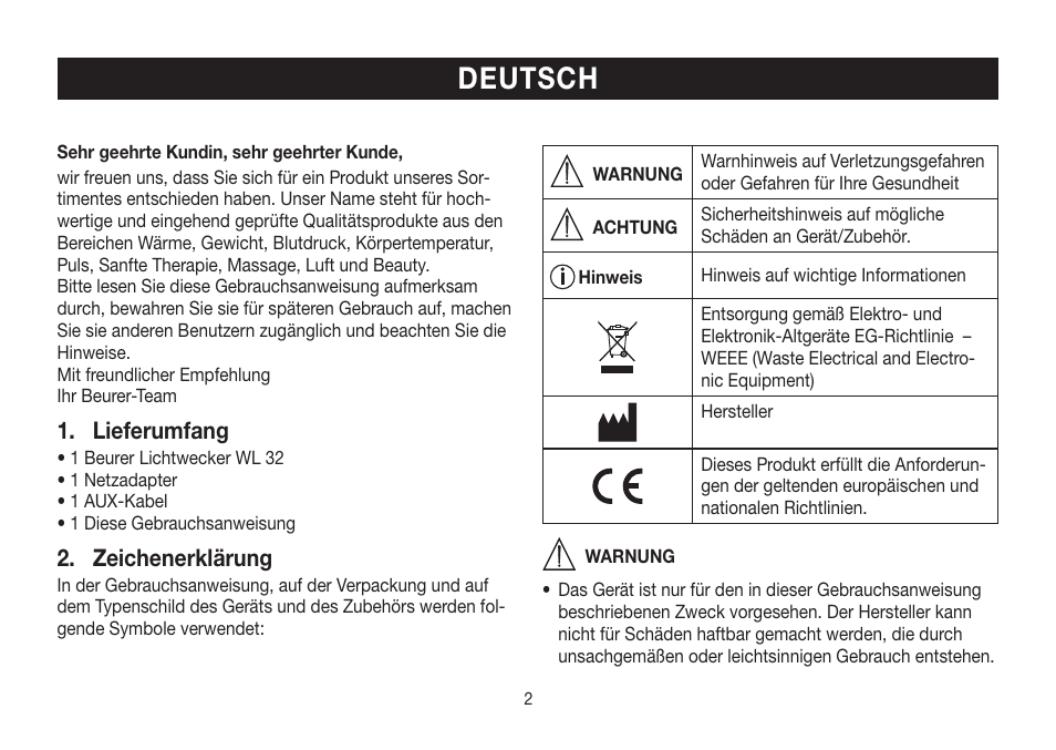 Deutsch, Lieferumfang, Zeichenerklärung | Beurer WL 32 User Manual | Page 2 / 84