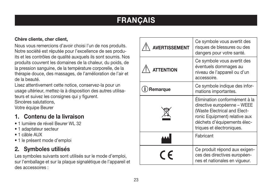 Français, Contenu de la livraison, Symboles utilisés | Beurer WL 32 User Manual | Page 23 / 84