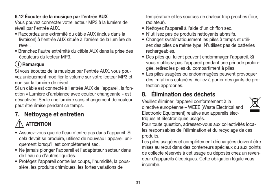 Nettoyage et entretien, Élimination des déchets | Beurer WL 32 User Manual | Page 31 / 84