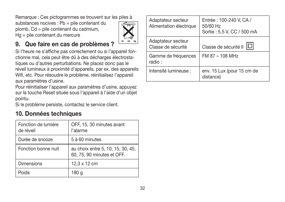 Que faire en cas de problèmes, Données techniques | Beurer WL 32 User Manual | Page 32 / 84