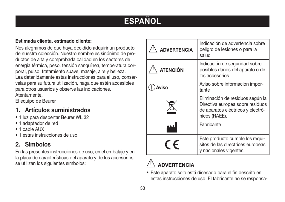 Español, Artículos suministrados, Símbolos | Beurer WL 32 User Manual | Page 33 / 84