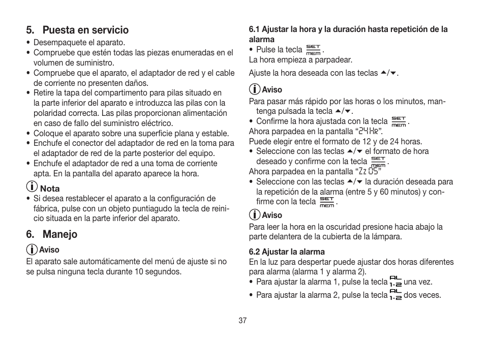 Puesta en servicio, Manejo | Beurer WL 32 User Manual | Page 37 / 84
