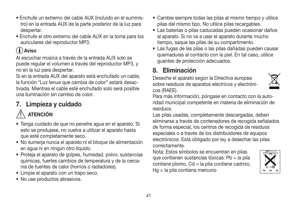 Limpieza y cuidado, Eliminación | Beurer WL 32 User Manual | Page 41 / 84